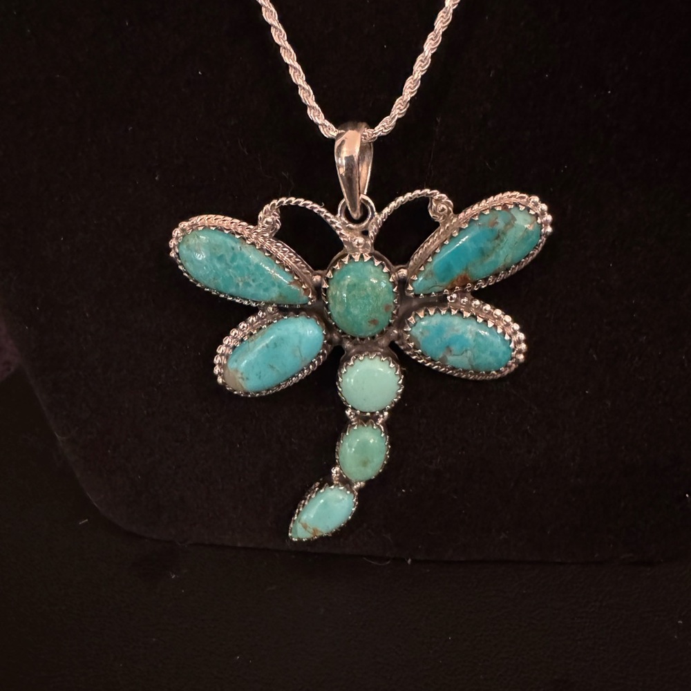 Huge Genuine, Turquoise Dragonfly sterling silver‎ Pendant Necklace with chain